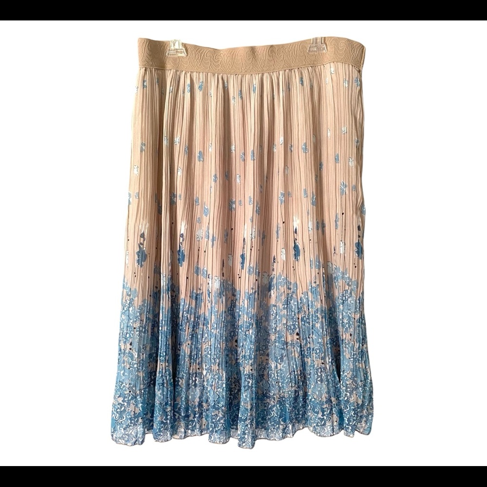 Andi + James Women’s XL Tan Blue Floral Pleated Elastic Waist Midi Skirt